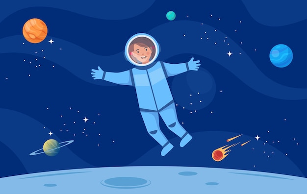 Postać Z Kreskówki Astronauta W Kombinezonie Kosmicznym Dziecko Astronauty Kreskówka Chłopiec Ubrany W Astronautę