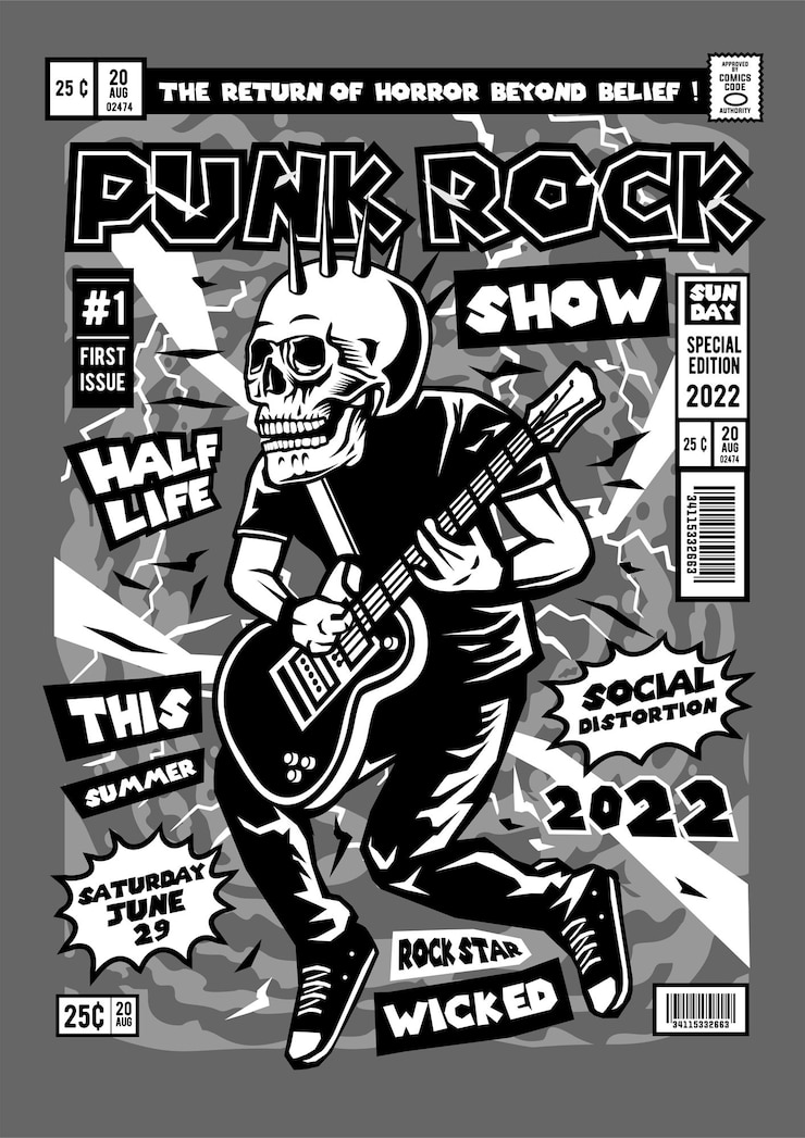 Wektor postać z kreskówki czaszki punk rocka