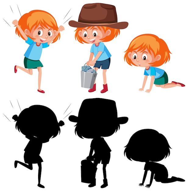 Plik wektorowy postać z kreskówki dziewczyny wykonującej różne czynności z sylwetką