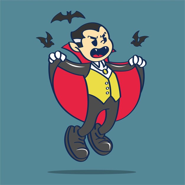 Postać z kreskówki Halloween Dracula latający z nietoperzami rysunek wektor ilustracja w stylu vintage