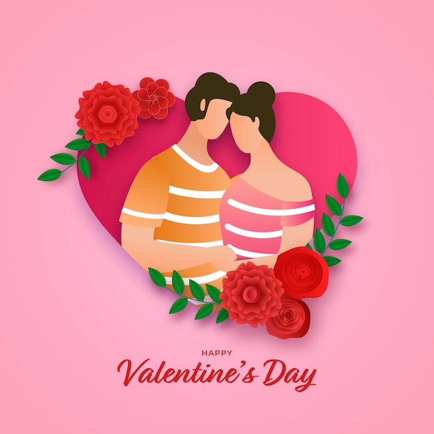 Postać z kreskówki kochającej się młodej pary razem nad dekoracją w kształcie serca z kwiatami i liśćmi na Święto Walentynek