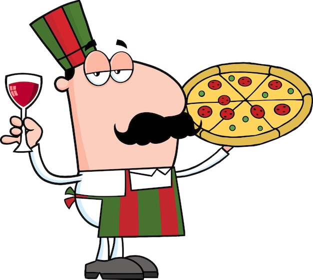 Postać Z Kreskówki Szefa Kuchni Pizzy Trzymając Kieliszek Z Ilustracji Wektorowych Wina