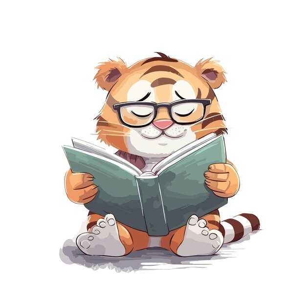 Plik wektorowy postać z kreskówki tygrys czytanie książki ilustracja zwierząt na białym tle