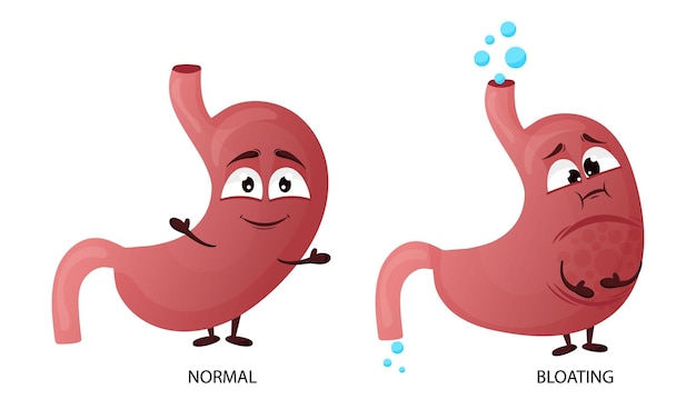 Plik wektorowy postać z kreskówki żołądka koncepcja zdrowego i chorego narządu wewnętrznego wzdęcia i zaparcia wektor ilustracja izolowane białe tło