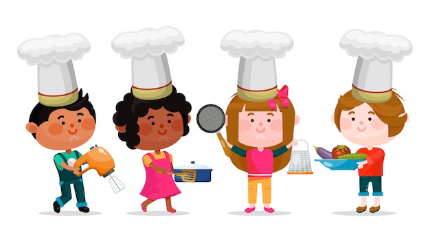 Plik wektorowy postaci z kreskówek dla chłopców i dziewcząt z przyborami kuchennymi stoją i uśmiechają się