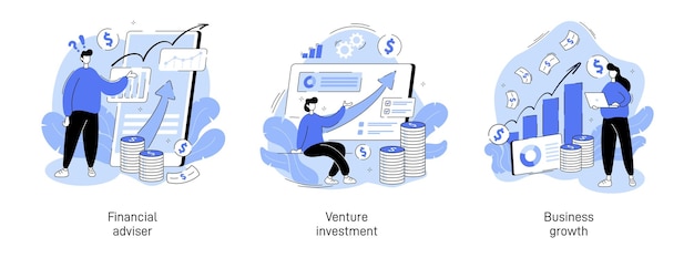 Plik wektorowy postacie analizujące zestaw ilustracji inwestycji wzrost finansów świętujący sukces finansowy