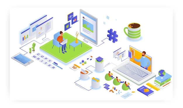 Postacie Copywriter Tworzące Treść Bloga Nauka Online Zarządzanie Treścią Blogów Wektor Kursu Copywritingu