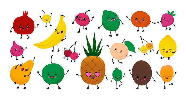 Postacie owocowe Maskotki spożywcze z szczęśliwymi twarzami Zabawne pomarańczowe i brzoskwiniowe Ananas lub banan wyrazy emocji Menu komiksów dla dzieci Zestaw izolowanych naklejek Tło kreskówek wektorowych