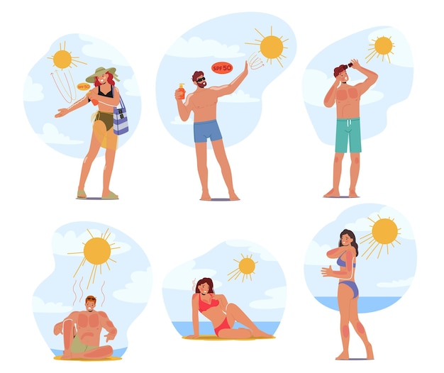 Plik wektorowy postacie płci męskiej lub żeńskiej na plaży ze skórą oparzenia słoneczne doświadczają bólu, zaczerwienienia i łuszczenia się z powodu ekspozycji na promienie słoneczne