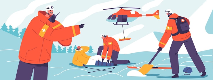 Wektor postacie ratowników transport powietrzny ranny narciarz z nierównego górskiego terenu zejście helikoptera oferujące nadzieję i drogę do bezpieczeństwa wśród dzikiej przyrody ilustracja wektora kreskówek ludzi