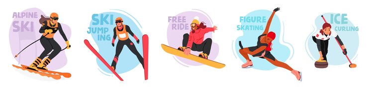 Wektor postacie w zachodnich sportach alpejskie narciarstwo skoki narciarskie snowboard free ride łyżwiarstwo artystyczne curling na lodzie uczestnicy pokazujący umiejętności prędkość zwinność ludzie z kreskówek ilustracja wektorowa