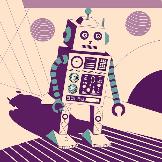 Postacie z kreskówek i retro roboty zabawne nostalgiczne i przyjazne projekty do malowania i wektorów