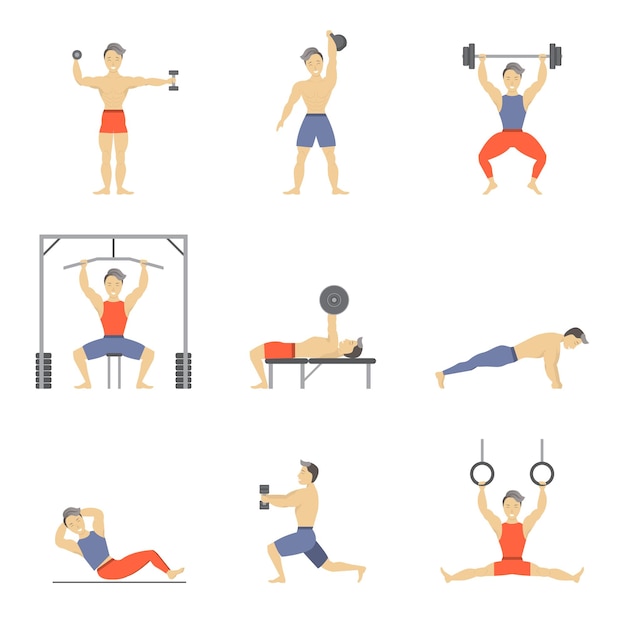 Postacie Z Kreskówek Muscular Man Icon Set Active Sport Concept Element Flat Design Style Ilustracja Wektorowa Ikon