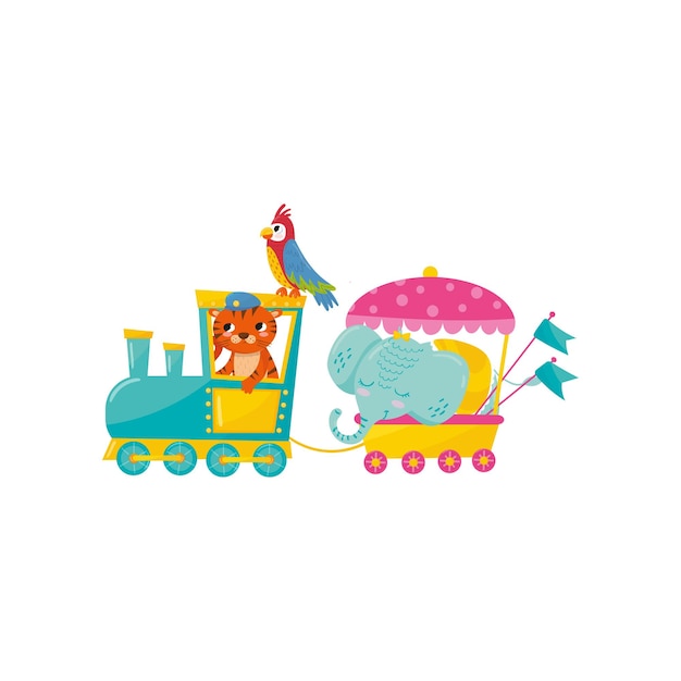 Postacie Z Kreskówek Podróżujące Pociągiem ładny Pomarańczowy Tygrys Duży Niebieski Słoń I Papuga Z Kolorowymi Piórami Płaska Konstrukcja Wektora Dla Sklepu Z Zabawkami Lub Gry Mobilnej