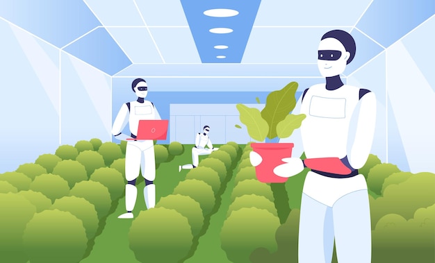 Postacie Z Kreskówek Robotów Uprawiających Rośliny W Inteligentnej Szklarni