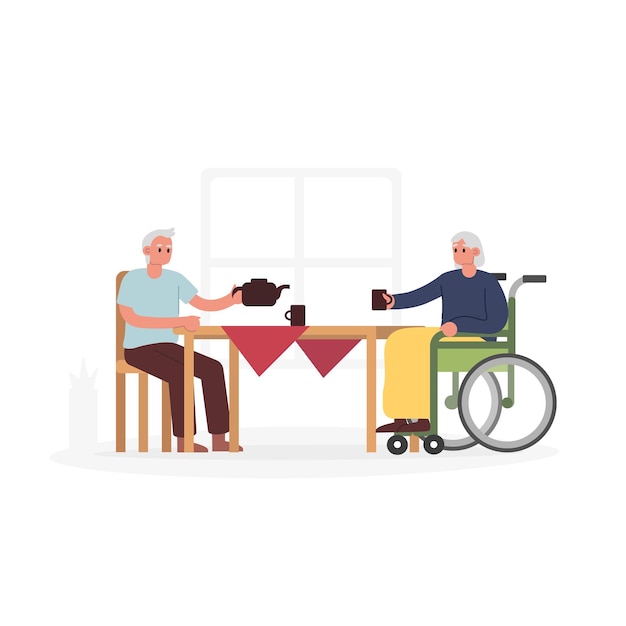 Plik wektorowy postacie z kreskówek starszego mężczyzny i kobiety na wózku inwalidzkim pijących razem herbatę