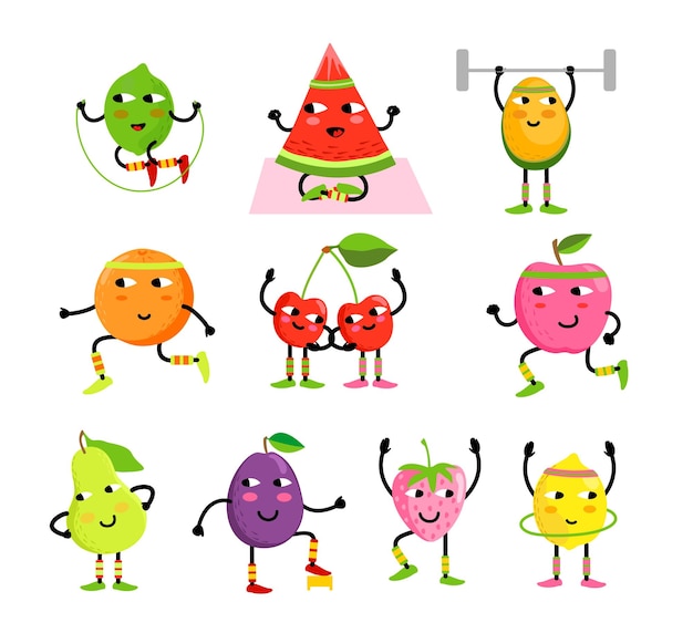 Plik wektorowy postacie z owoców sportowych zdrowe odżywianie owoce sportowiec postacie z owoców jogi śmieszne potrawy owocowe na ćwiczeniach sportowych fitness witaminy ludzkie