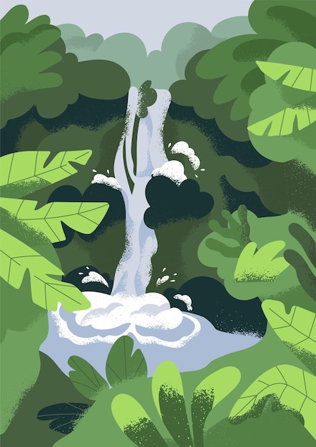 Plik wektorowy poster przyrody krajobraz dżungli tło karty wodospad w lesie deszczowym zielony las tropikalny z roślinami palmowymi woda spada w lesie spokojna, spokojna krajobraz płaska ilustracja wektorowa