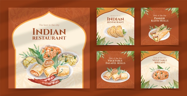 Posty na instagramie z akwarelą indyjskiego jedzenia