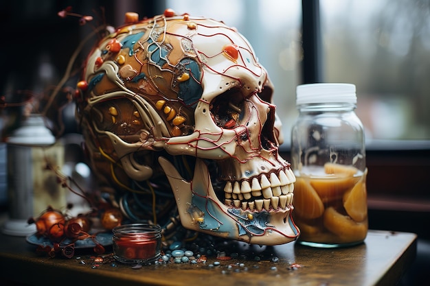 Plik wektorowy potions ludzka czaszka i stara książka na stole alchemika
