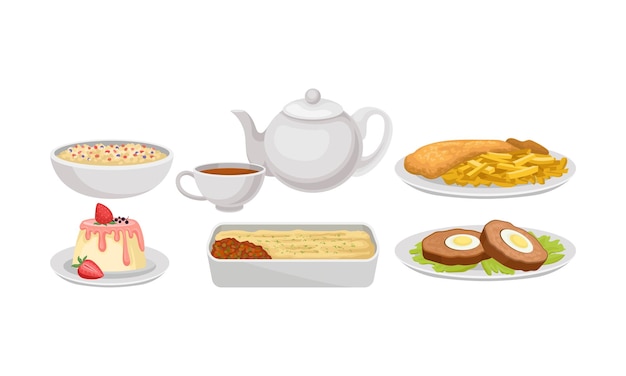 Potrawy Tradycyjnej Kuchni Angielskiej Zestaw Ilustracji Wektorowej Izolowany Na Białym Tle