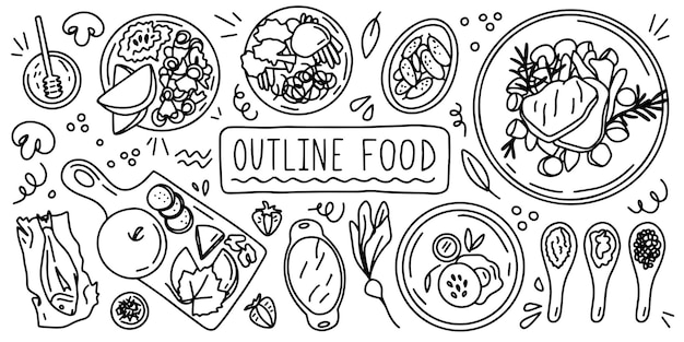 Potrawy żywności Wektor Zarys Doodle Ręka Rysunek Ikona Linii Szkicu