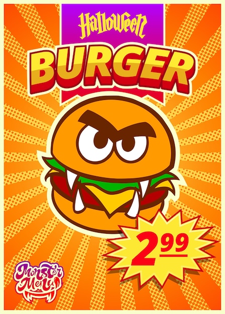 Potwór Z Menu Z Burgerem. Pionowy Baner Z Ceną Dla Kawiarni Fast Food W Dzień Halloween. Ilustracja Wektorowa.