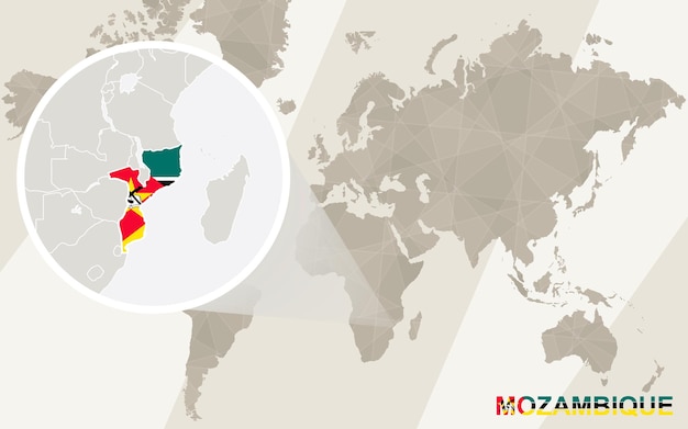 Powiększ Mapę I Flagę Mozambiku. Mapa świata.