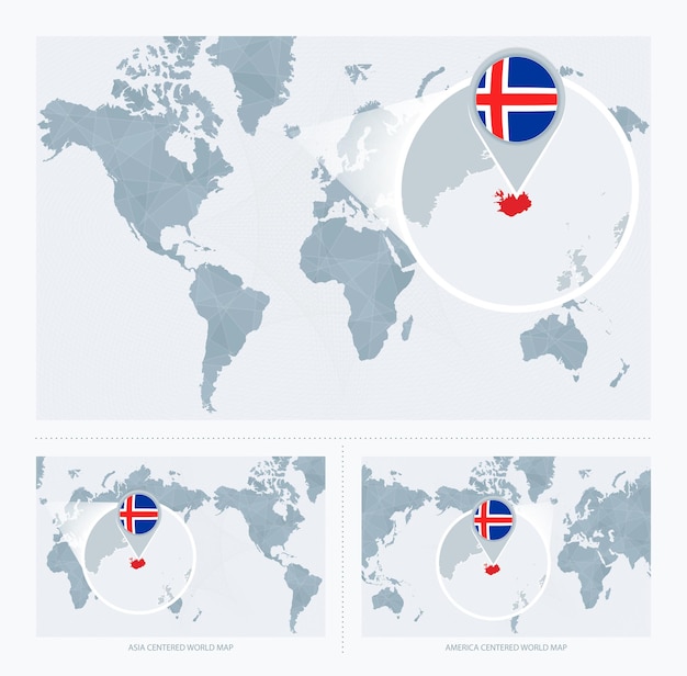 Powiększona Islandia na mapie świata 3 wersje mapy świata z flagą i mapą Islandii