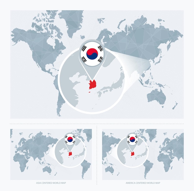 Plik wektorowy powiększona korea południowa na mapie świata 3 wersje mapy świata z flagą i mapą korei południowej