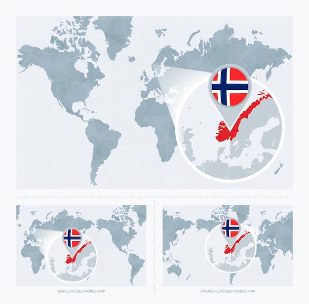 Powiększona Norwegia na mapie świata 3 wersje mapy świata z flagą i mapą Norwegii