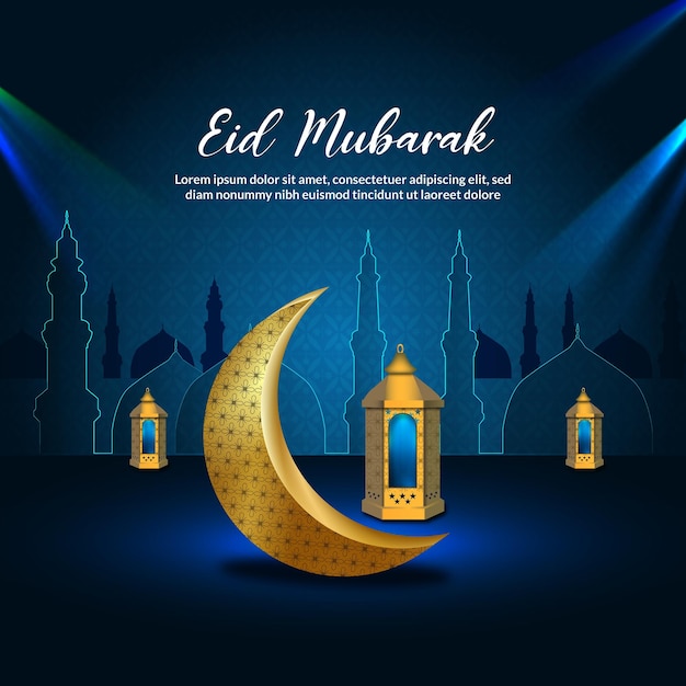 Powitanie Festiwalu Eid Mubarak Z Lampami I Architekturą Islamską Premium Wektor