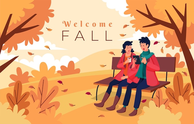 Plik wektorowy powitanie jesień jesień aktywność na świeżym powietrzu para siedząca na ławce