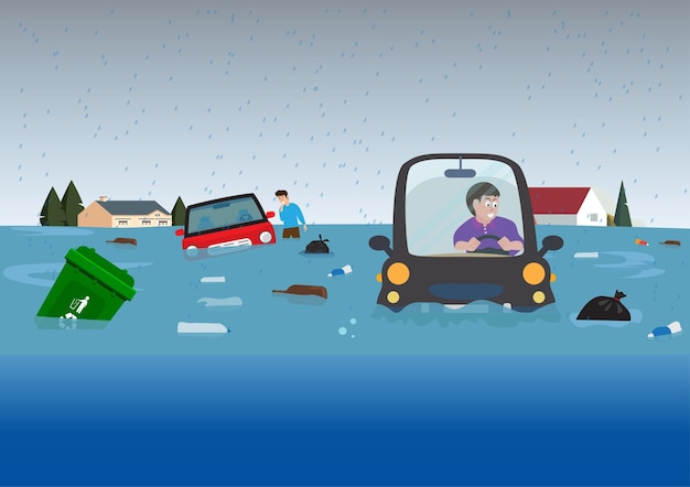 Powodzie W Mieście Powodują, że Samochody I śmieci Unoszą Się Na Wodzie Męska Postać W Samochodzie Jest Zszokowana, Próbując Pomóc Sobie W Stylu Kreskówki Ilustracja Płaski