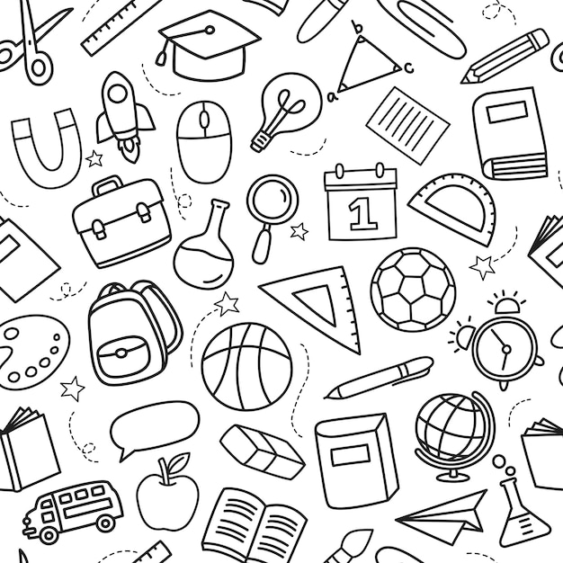 Powrót do szkoły bezszwowy wzór, tło w stylu doodle, edukacja, ręcznie narysowane przedmioty i symbole