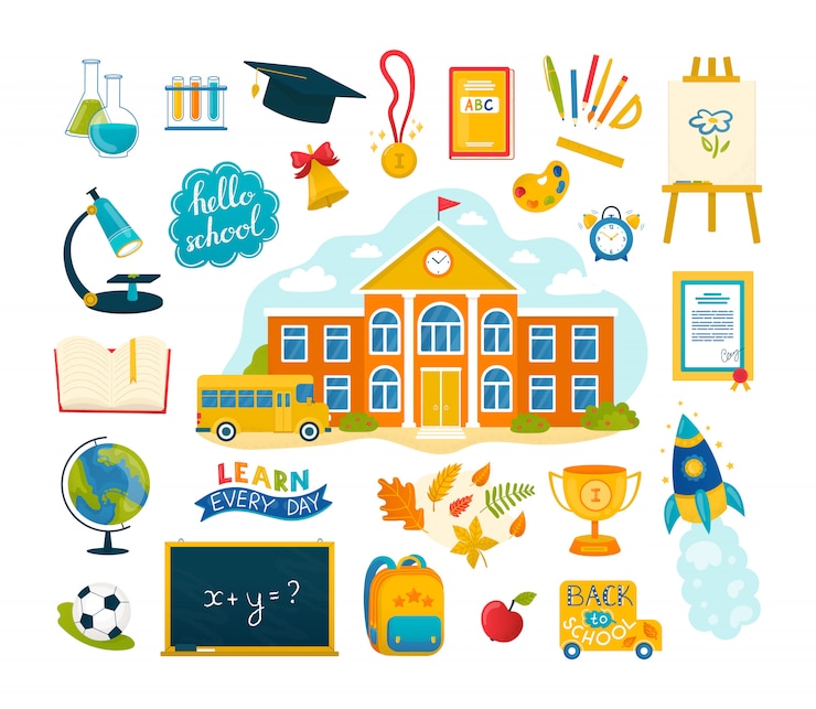 Wektor powrót do szkoły zestaw ilustracji z kolekcji ikon edukacji. szkoła i przybory szkolne, zeszyty, długopisy i ołówki, farby, pomoce stacjonarne lub szkoleniowe, piłka, torba.