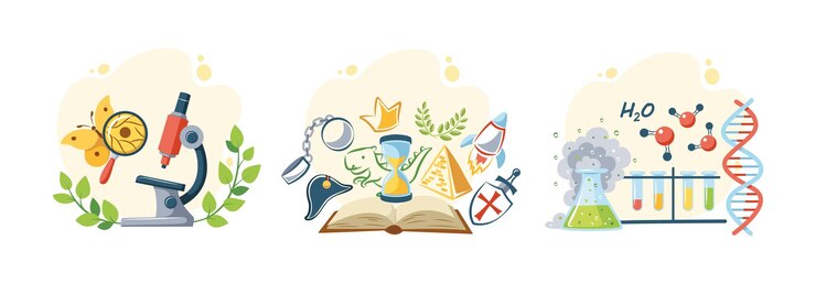 Powrót do zestawu szkolnego Studiowanie różnych dyscyplin naukowych za pomocą wektorów kreskówek z wyposażeniem
