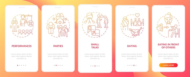 Powszechny niepokój wyzwala ekran aplikacji mobilnej z czerwonym gradientem Przewodnik po zdrowiu 5 kroków z instrukcjami graficznymi strony z liniowymi koncepcjami Szablon UI UX GUI Myriad ProBold Używane zwykłe czcionki