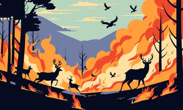 Pożary wywołane globalnym ociepleniem w płaskiej ilustracji wektorowej 2D