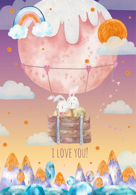Pozdrowienia Walentynkowe, śliczne, Kochające Króliczki Latają Okrągłym Balonem Nad Górami, Ilustracja Dla Dzieci
