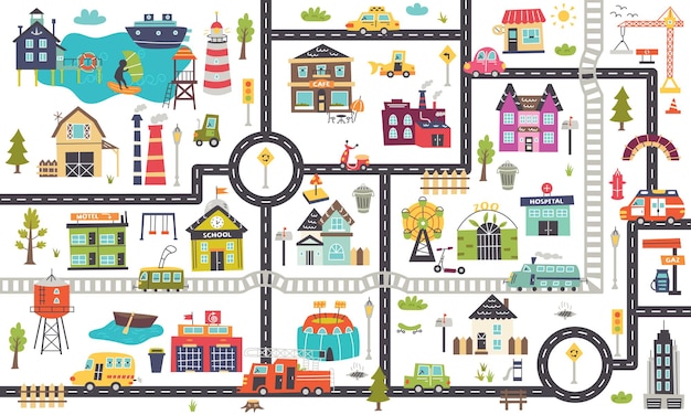 Plik wektorowy pozioma mapa dla dzieci z drogami, samochodami, budynkami. projekt przedszkola dla plakatów, dywanów, pokoju dziecięcego. ilustracja wektorowa