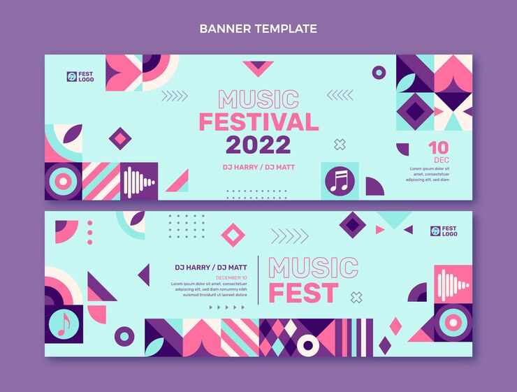 Wektor poziome banery festiwalu muzycznego o płaskiej konstrukcji