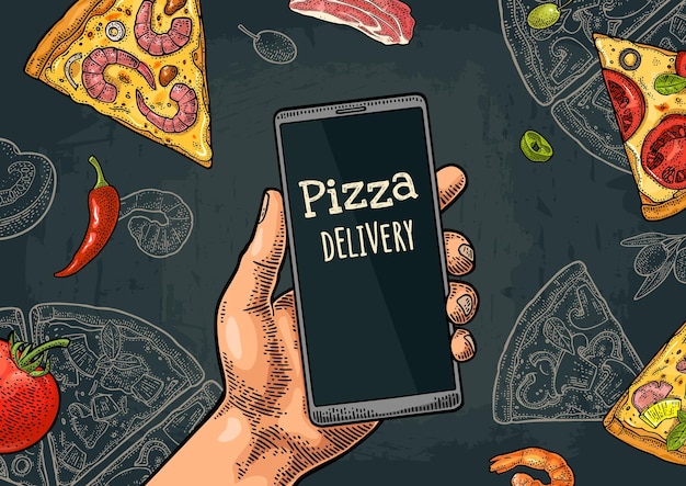 Plik wektorowy poziomy baner ręce dotykają telefonu komórkowego w celu zamówienia pizzy