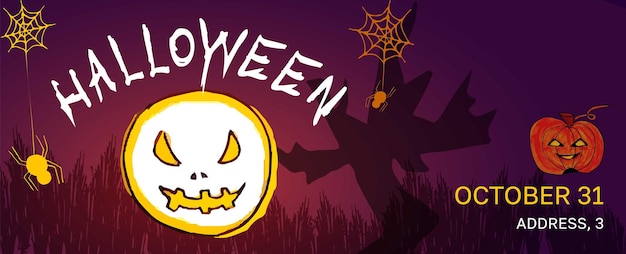 Poziomy Baner Tło Wektor Halloween Z Pająkami Dyni Duchów Suchymi Krzewami Drzew Szczęśliwy Dzień Halloween Straszny Szablon Sztuki Elementy Strony Docelowej Okładki Sieci Web Horror Osoba