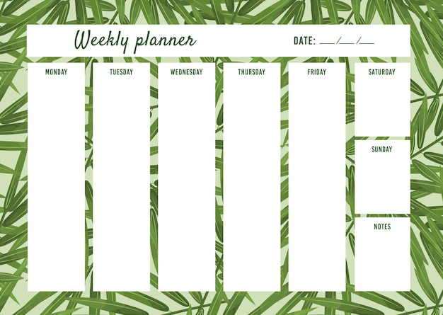 Plik wektorowy poziomy osobisty tygodniowy planer a4 szablon liści tropikalnych. harmonogram na 7 dni w tygodniu