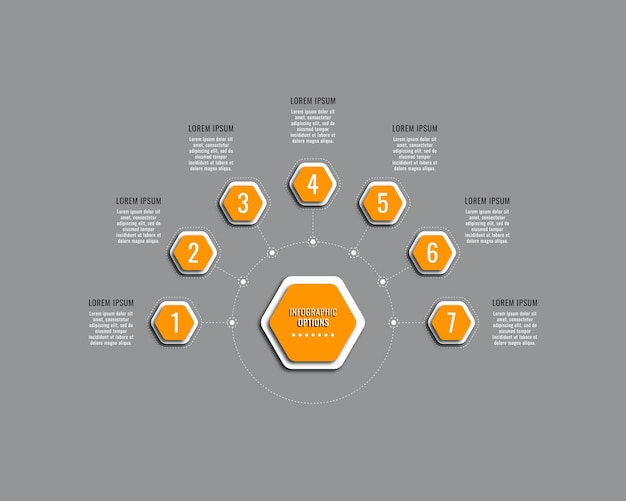 Poziomy Szablon Infografiki Z Siedmioma Pomarańczowymi Sześciokątnymi Krokami Na Szarym Tle