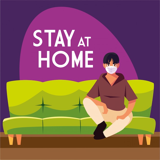 Plik wektorowy pozostań w domu kampania społecznościowa i zapobieganie koronawirusom: mężczyzna siedzący na kanapie