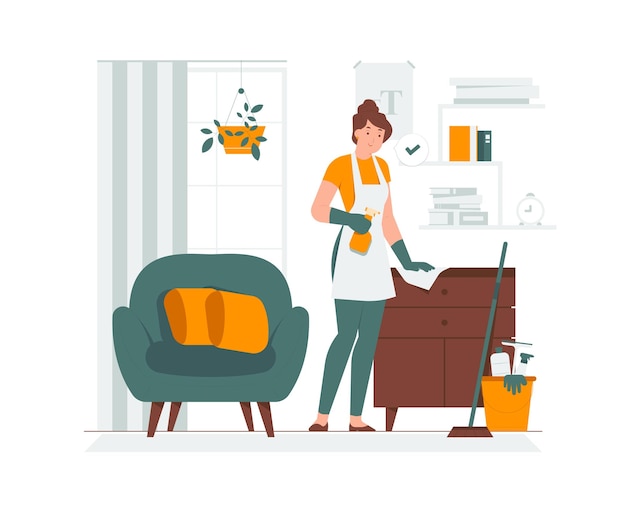 Plik wektorowy praca domowa, utrzymanie służby, kobieta w fartuchu, czyszczenie kurzu w domu, ilustracja koncepcji