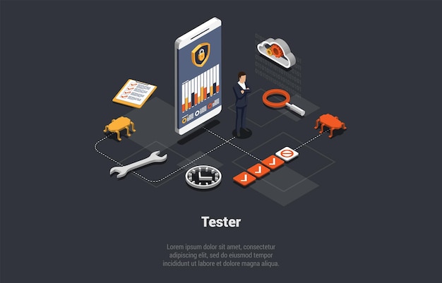 Praca inżyniera oprogramowania Tester oprogramowania Programy testujące Debugowanie i wykonywanie testów funkcjonalnych Człowiek Inżynieria zapewniania jakości oprogramowania Wykonuj testy aplikacji Izometryczny ilustracja wektora 3d