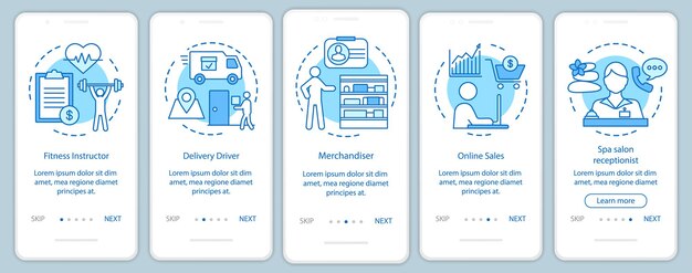 Praca w niepełnym wymiarze godzin, niebieski ekran strony aplikacji mobilnej z wbudowanymi koncepcjami liniowymi. Instruktor fitness, recepcjonistka krok po kroku instrukcje graficzne. Szablon wektorowy UX, UI, GUI z ilustracjami